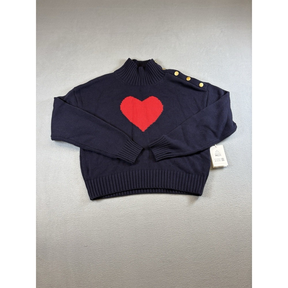 Free Assembly‎ Heart Sweater Womens M 8-10 Navy Red Heart Mock Neck NWT Gold Btn